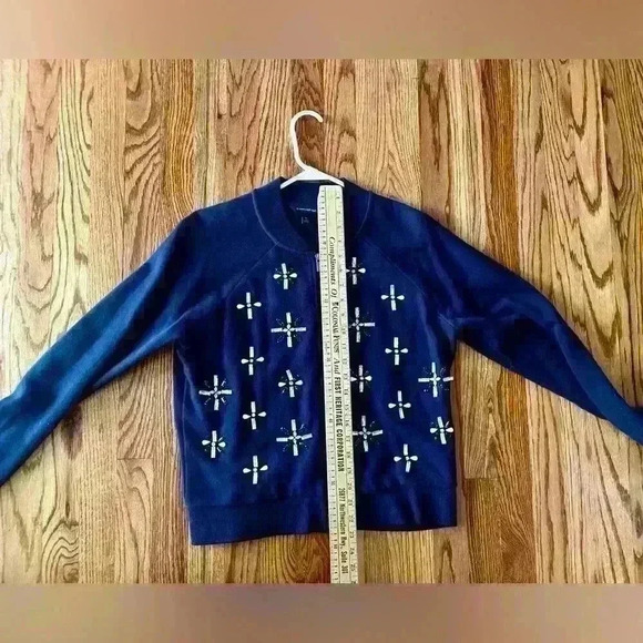 BANANA REPUBLIC - Jeweled Bomber Jacket. Navy with Fleece Lining. Medium - Picture 7 of 11